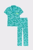 Dames Pyjama, blauw-groene bloemenprint