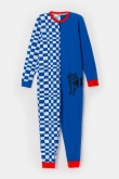 Woody x helen b. blauw-wit uniseks geruite onesie met kat